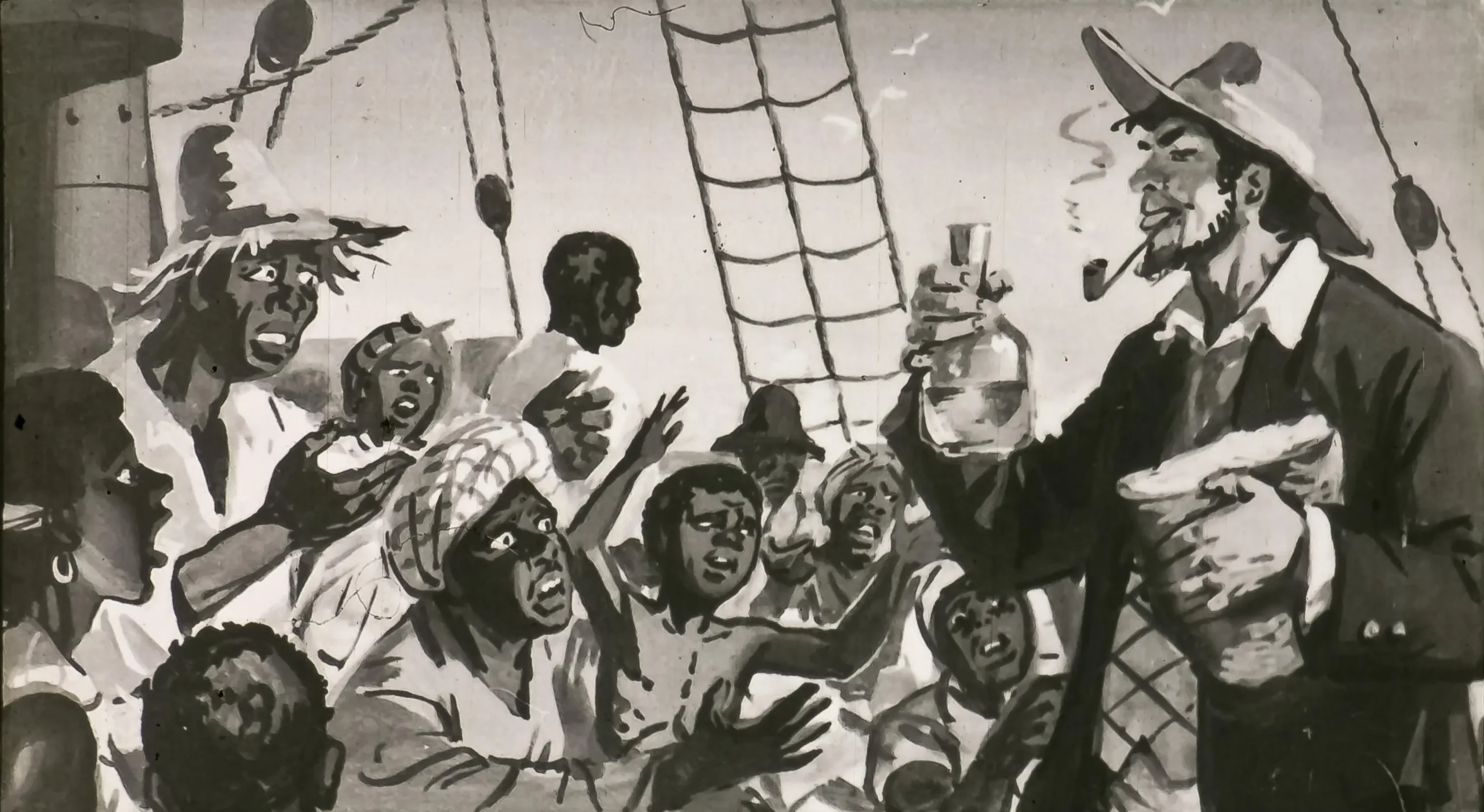 Ilustrație în alb și negru cu un grup de oameni pe un vas, un bărbat ținând o sticlă și fumând o pipă, înconjurat de oameni care par a fi îngrijorați sau supărați.