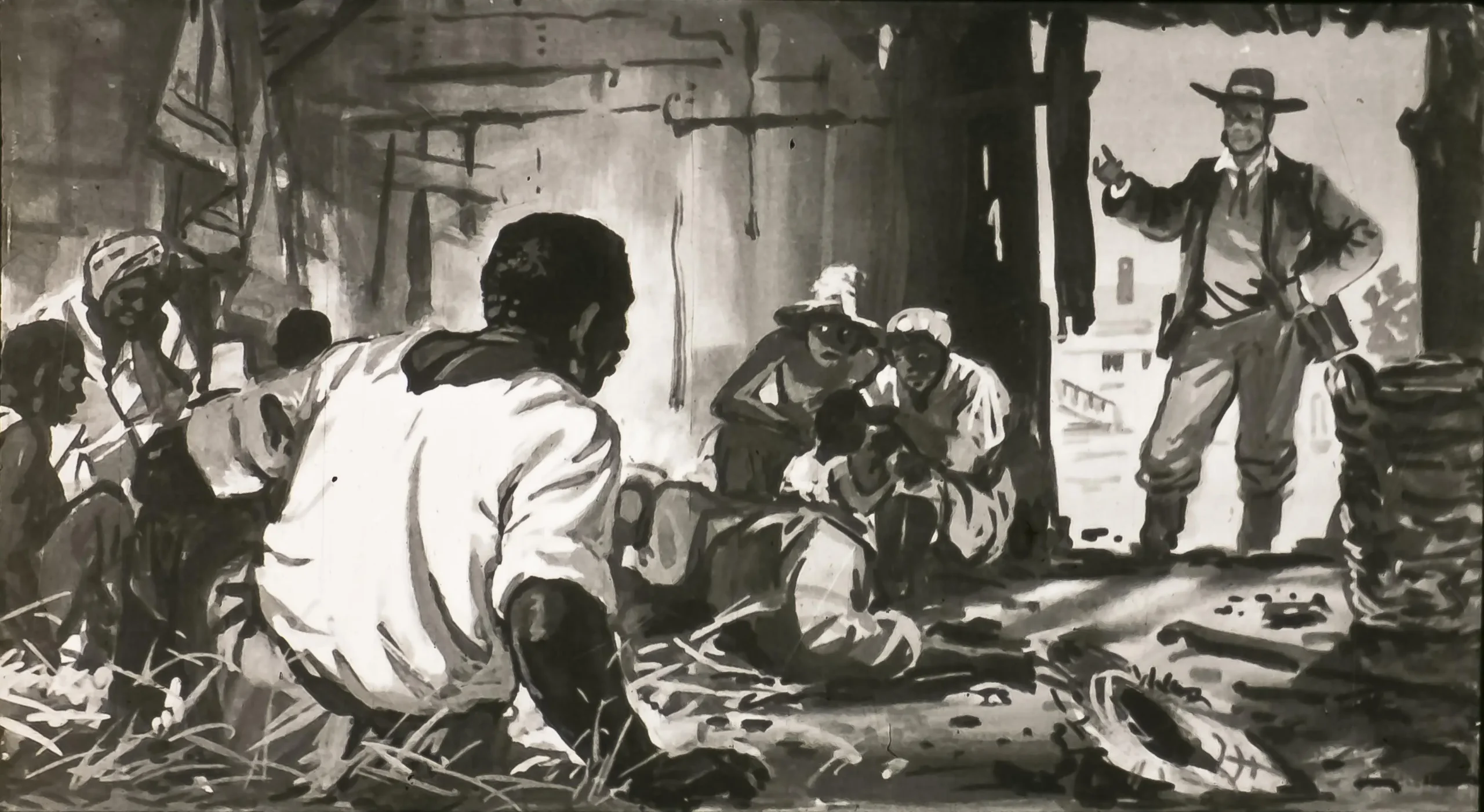 O ilustrație în alb și negru care arată mai multe persoane într-o încăpere, unele stând pe podea, iar altele ascultând un bărbat care vorbește într-un cadru rustic.