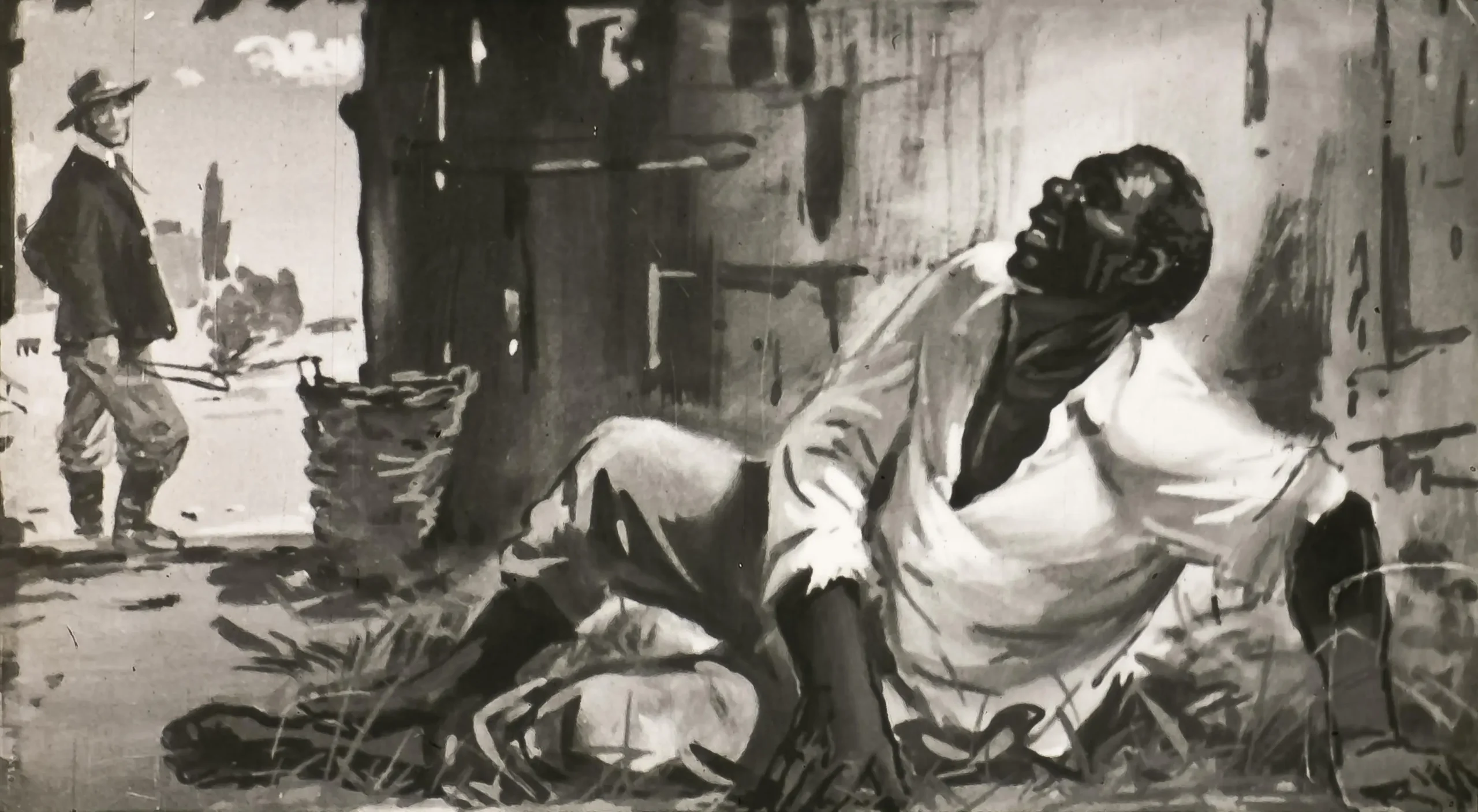 O ilustrație în alb și negru care prezintă un bărbat în haine de epocă, privind către un alt bărbat care stă în fundal, în timp ce un alt bărbat este întins pe pământ, având o expresie de suferință.