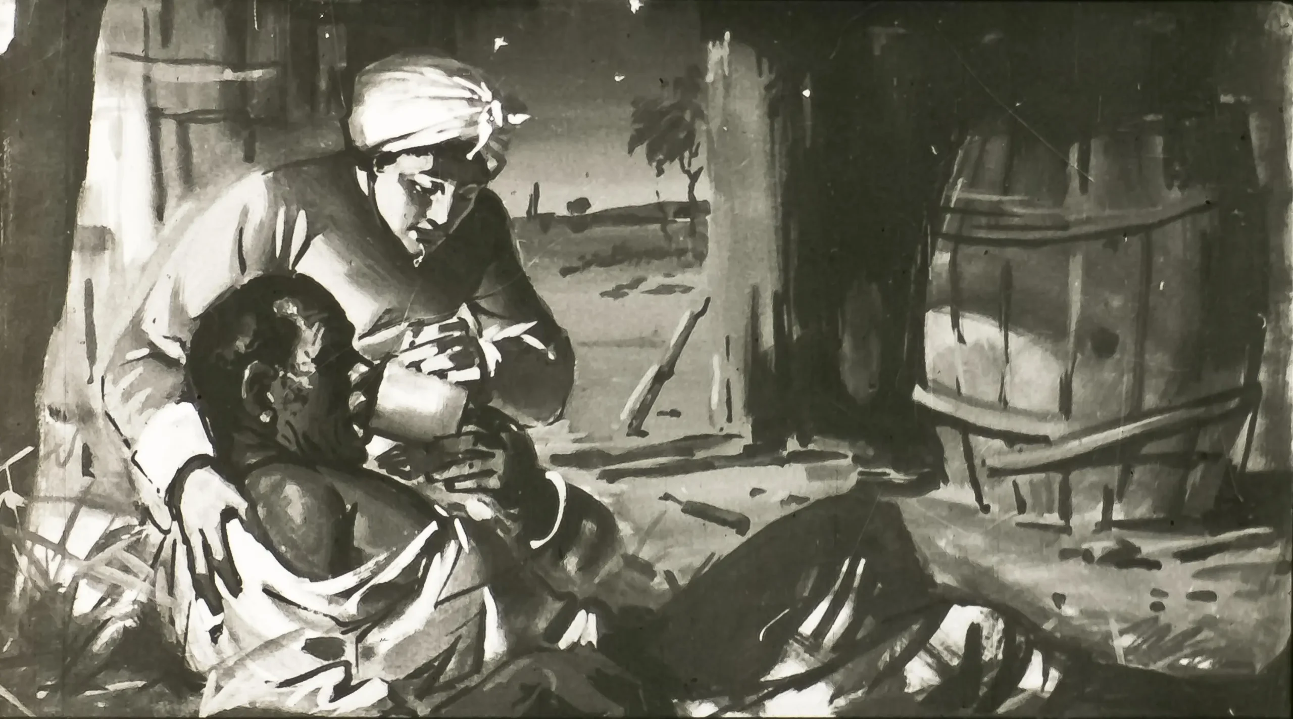 Imagină în alb-negru care prezintă două figuri, una așezată pe pământ și cealaltă îngenuncheată lângă ea, într-un mediu rustic, cu butoaie în fundal.