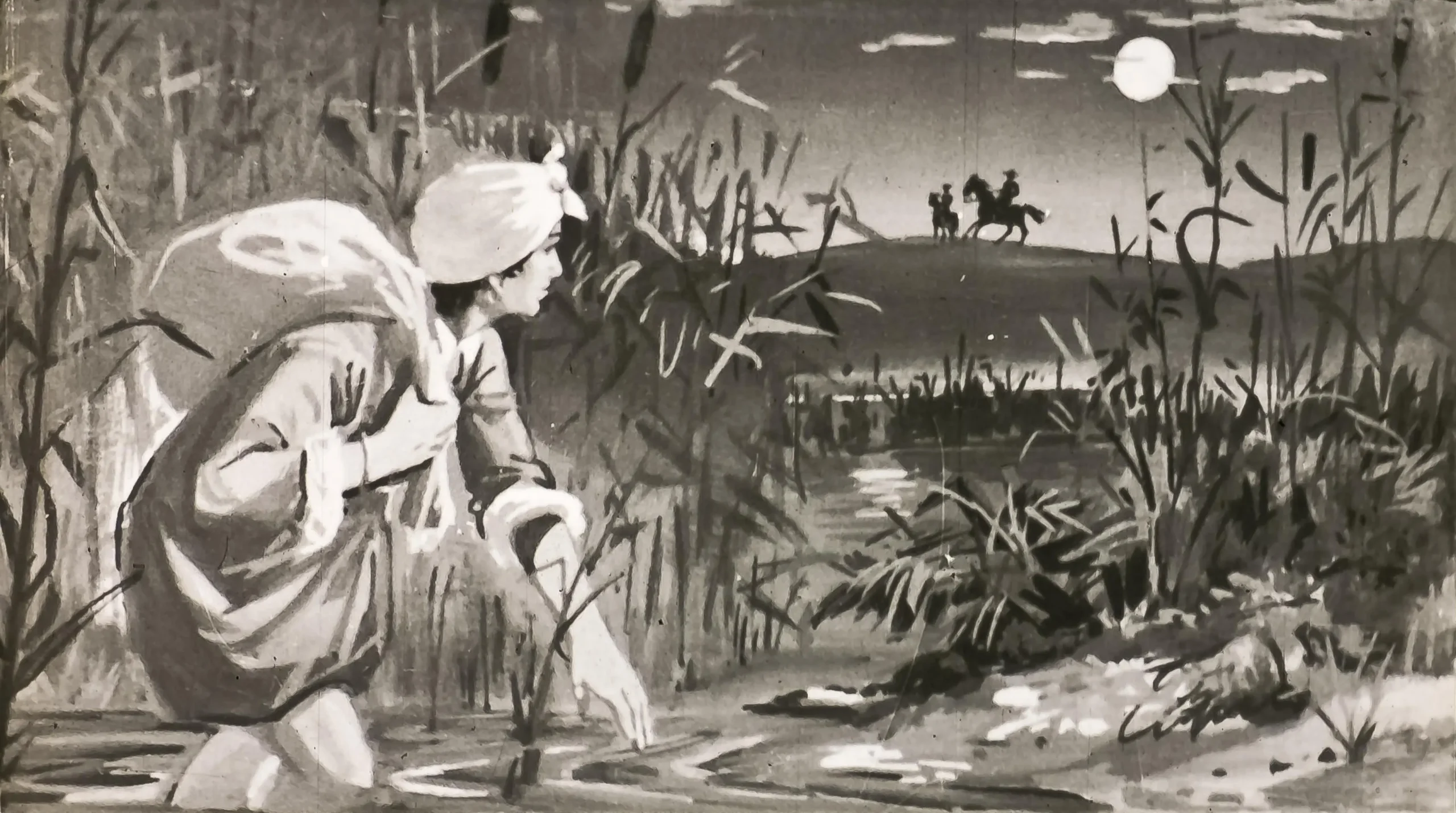 O ilustrație alb-negru care arată o persoană îmbrăcată tradițional, stând în apă puțin adâncă, înconjurată de iarbă, observând două persoane călare pe un fundal de peisaj nocturn, cu o lună plină pe cer.