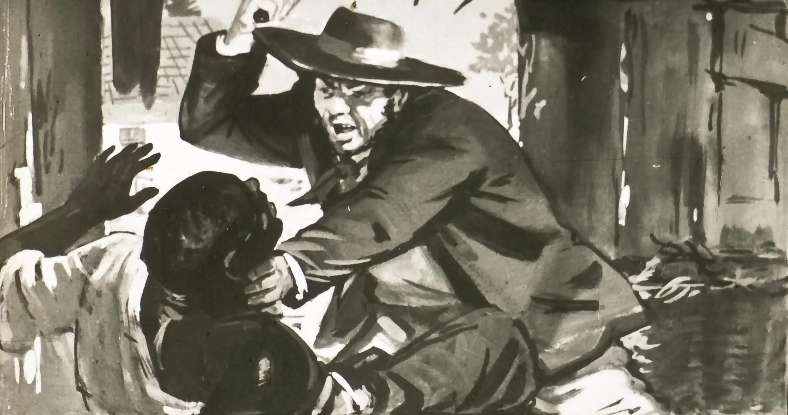 Ilustrație în alb-negru cu un bărbat îmbrăcat în haină și pălărie, având un gest violent față de o altă persoană, evidențiind o scenă intensă.