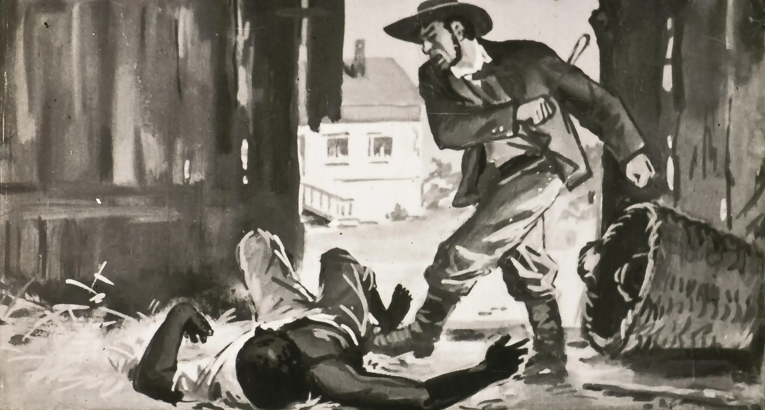 O ilustrație în alb și negru care prezintă o scenă dramatică între un bărbat și o persoană căzută la pământ, sugerând o interacțiune tensionată.