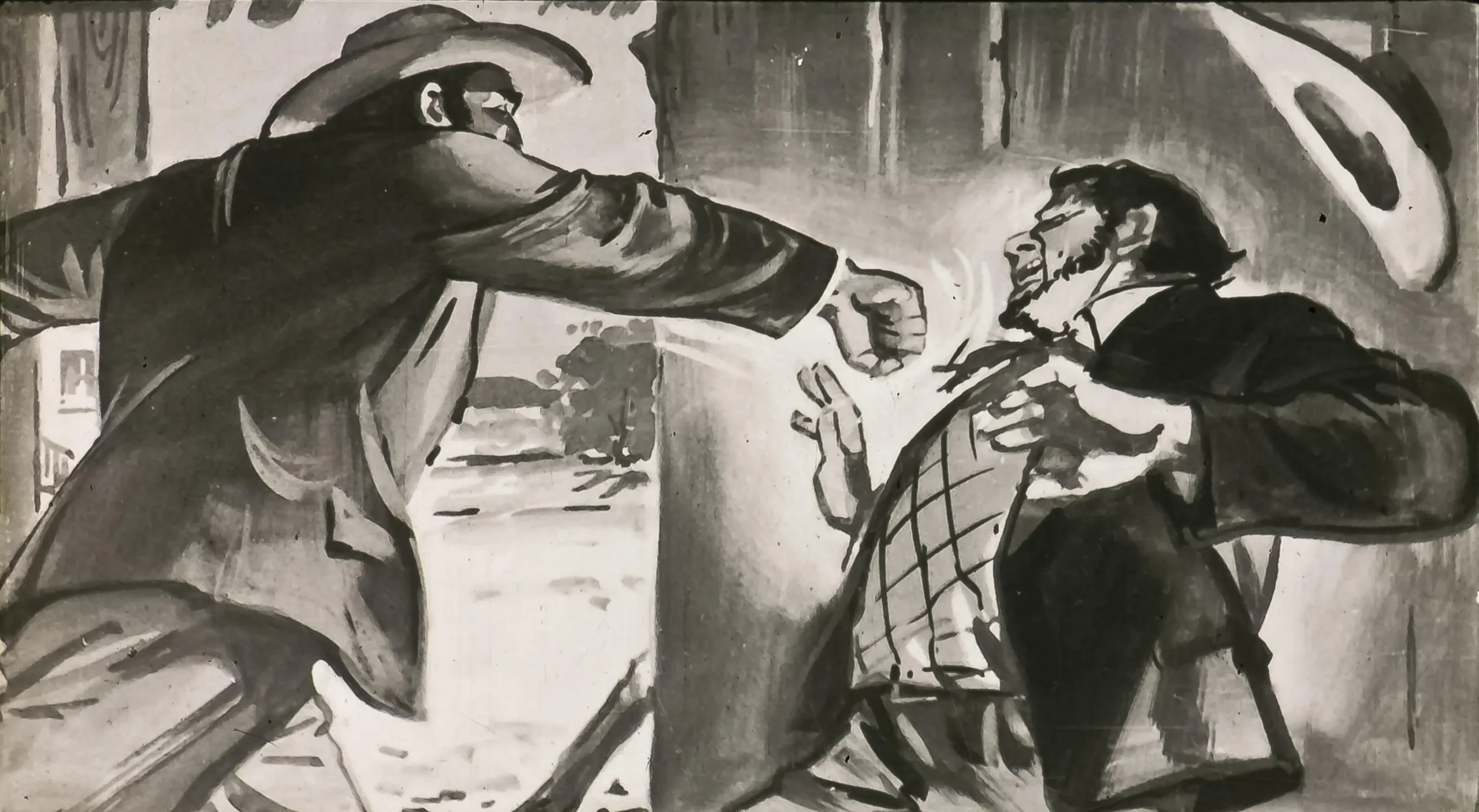 Doi bărbați implicați într-o confruntare fizică dramatică, unul lovind cu pumnul pe celălalt, într-un context sugestiv de conflict.