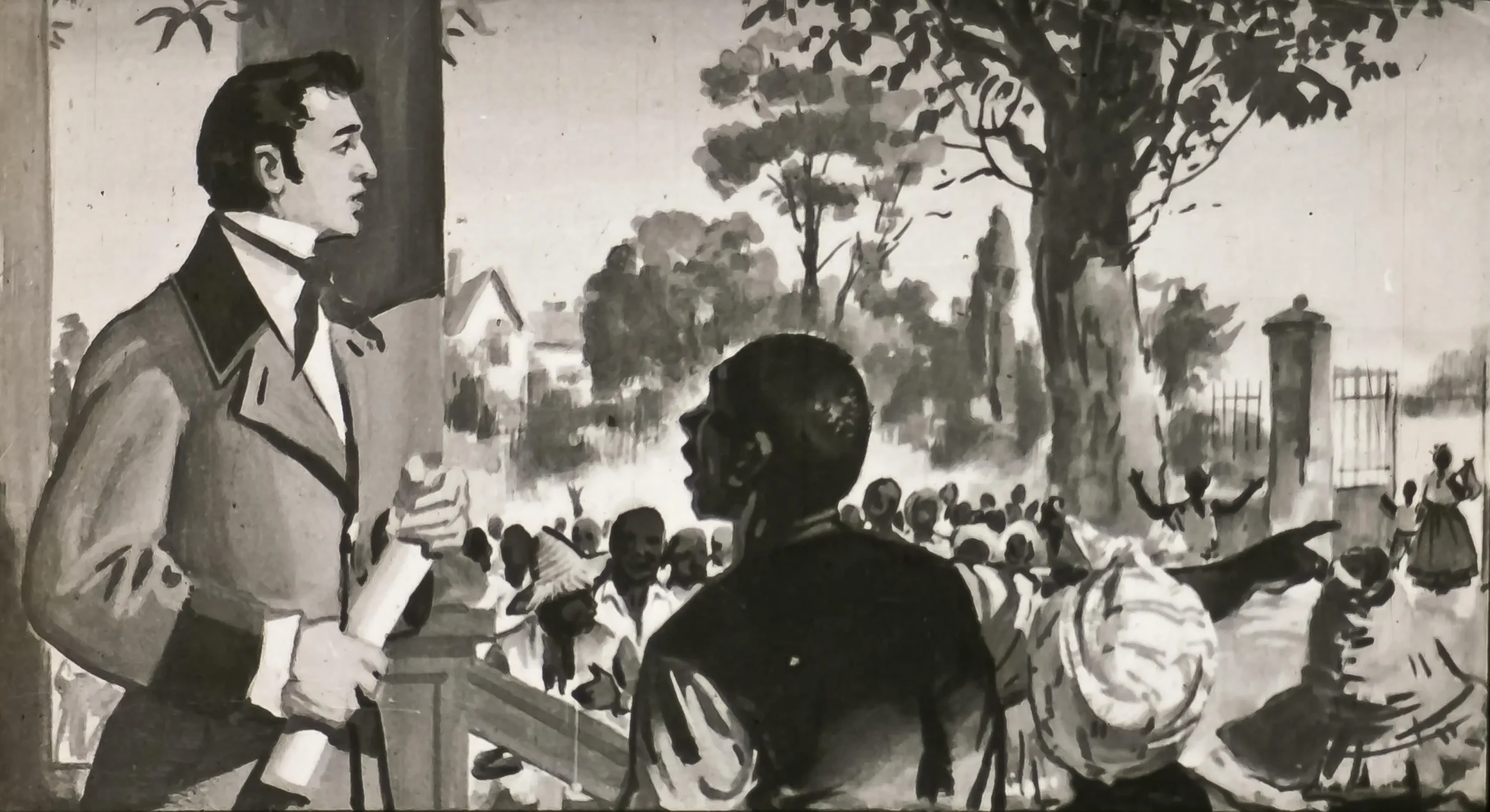 Imagine în care un bărbat îmbrăcat în haine de epocă vorbește cu un alt bărbat, în timp ce o mulțime de oameni se adună în fundal.