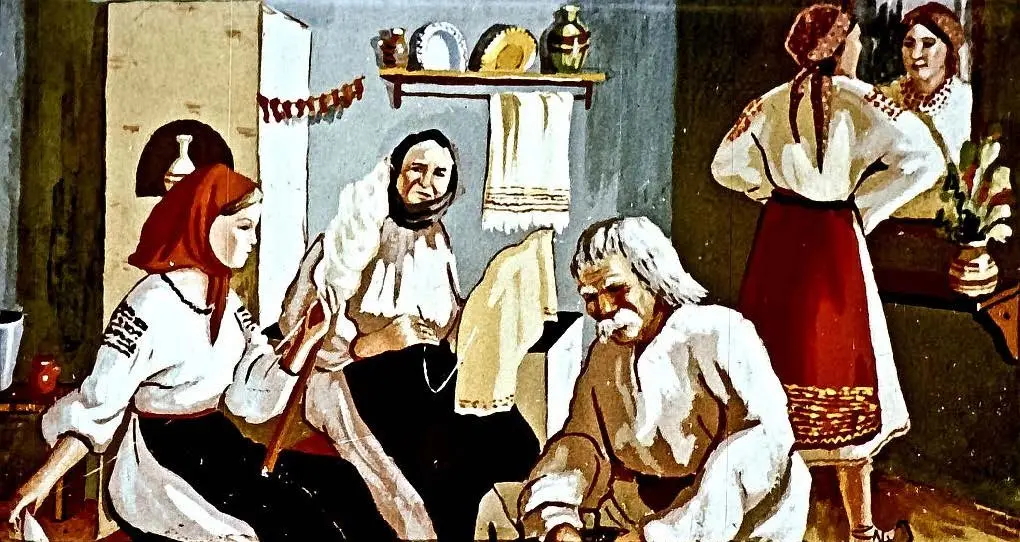 Ilustrație care reprezintă o scenă dintr-o poveste populară cu un moș și o babă, fiecare având câte o fată.