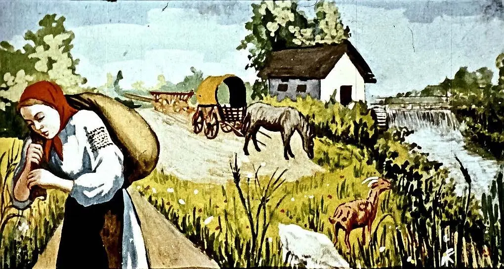 O scenă pastorală cu o tânără care duce un sac la moară, însoțită de animale, într-un peisaj de pădure și câmp.