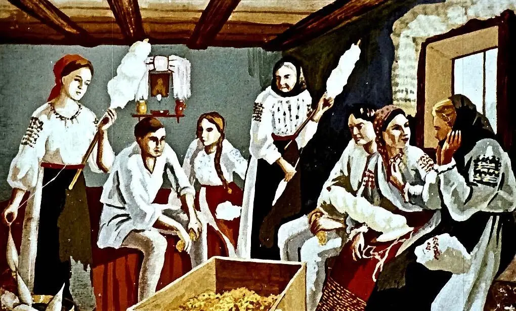 Imagine reprezentând o scenă tradițională de șezătoare cu persoane îmbrăcate în costume populare.