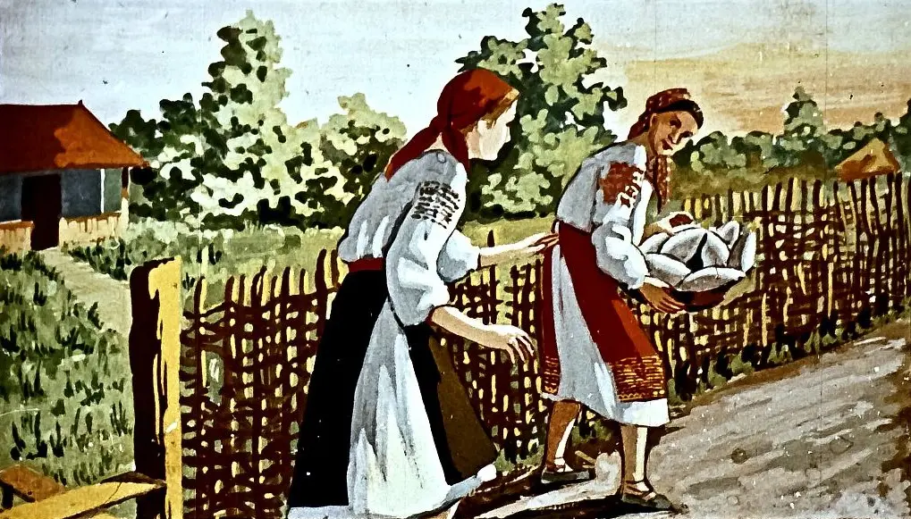 Imagine reprezentând două femei într-un peisaj rural, cu un text în partea de jos care enunță o poveste despre vicleșug.