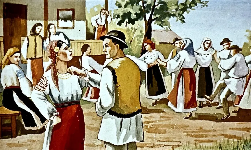 O scenă de sărbătoare tradițională, cu oameni îmbrăcați în costume populare, dansând și socializând.