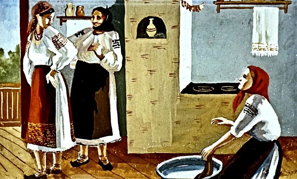 Ilustrație cu o scenă în care o fată îmbrăcată modest muncește în timp ce privește cu dorință spre sora ei.