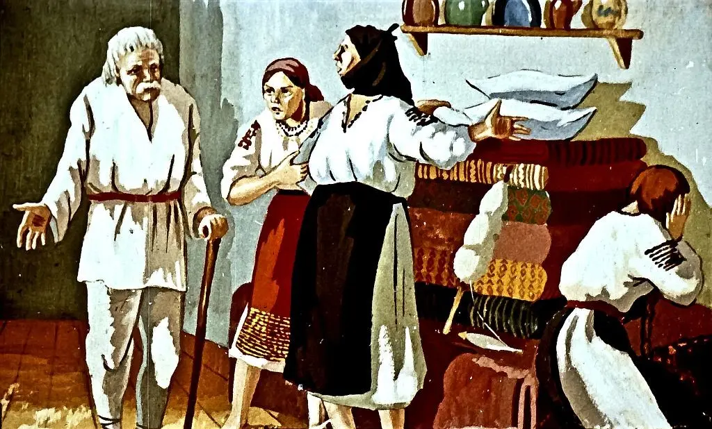 Ilustrație cu un moșneag și două femei care discută despre o tânără, într-un decor rustic.