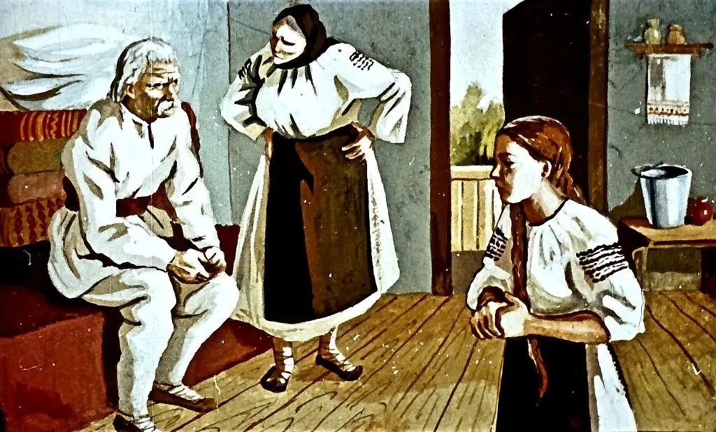 O scenă care ilustrează un moș, o femeie și o tânără într-o încăpere rustică, discutând despre o problemă familială.
