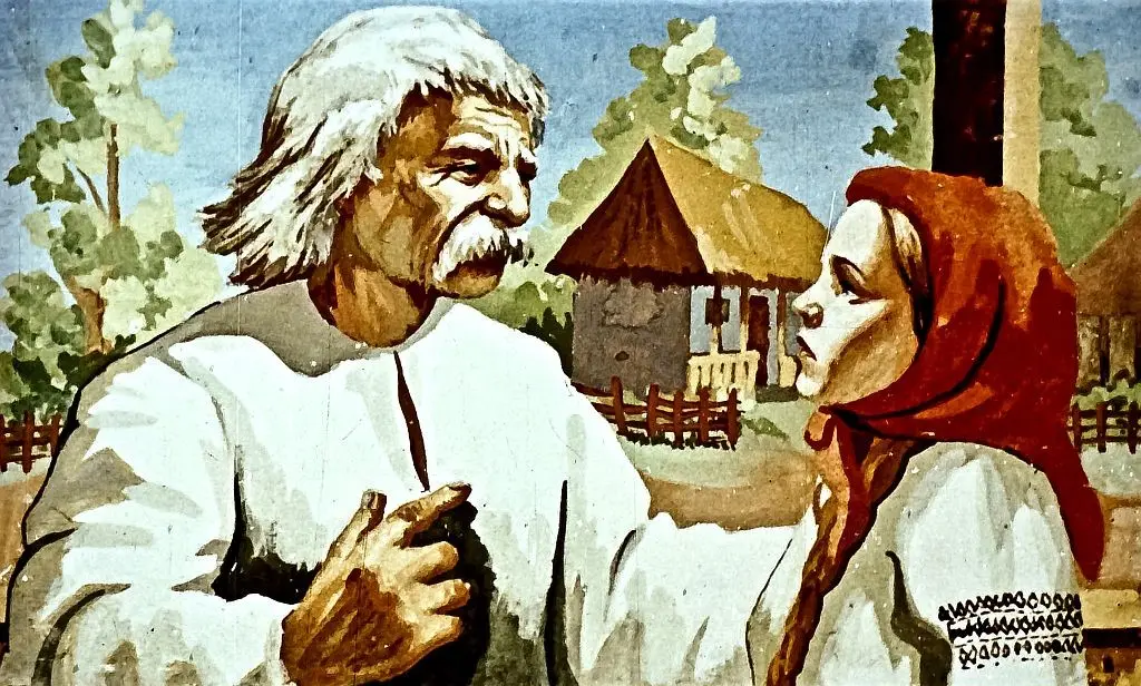 Ilustrație reprezentând o conversație între un bătrân și o tânără, cu un peisaj de fundal.