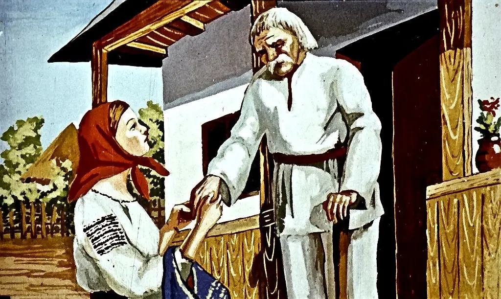 Ilustrație cu o femeie îmbrăcată în tradițional, care sărută mâna unui bărbat în haine tradiționale în fața unei case, evocând o scenă emoționantă.