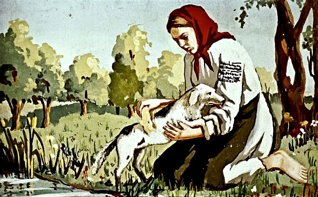 Imagine artistică cu o femeie care spală o cățelușă bolnavă pe malul unui râu, înconjurată de natură.