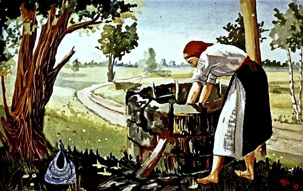 Imagine colorată cu o femeie care lucrează la o fântână într-un peisaj natural.