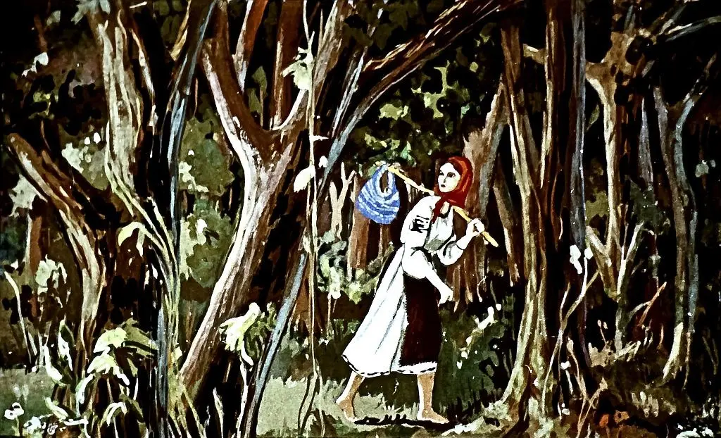 Ilustrație care prezintă o figură feminină mers pe o potecă într-o pădure întunecoasă, ținând în mână un coș.