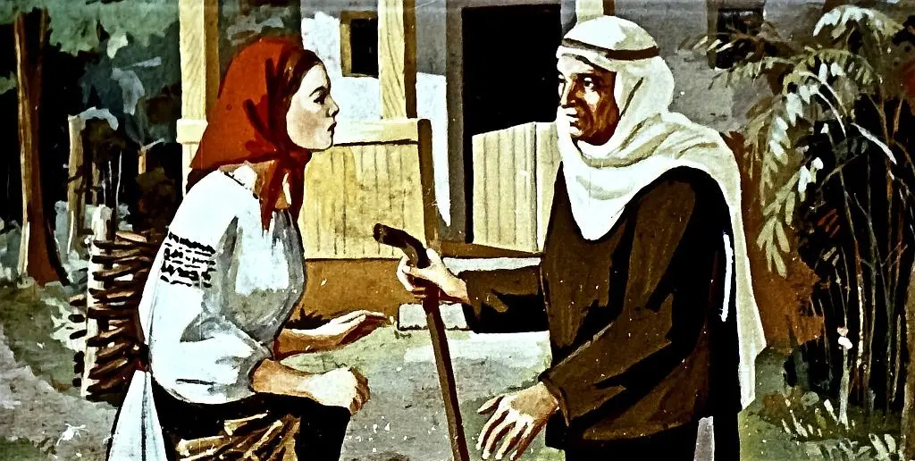 Ilustrație cu două personaje, o femeie și un bărbat, discutând în fața unei case, cu un text narativ despre Sfânta Duminică.