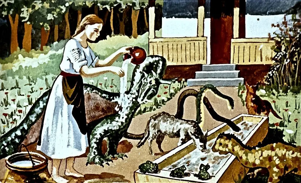 Ilustrație cu o tânără care îndeplinește o sarcină, înconjurată de animale, reflectând un motiv folcloric.