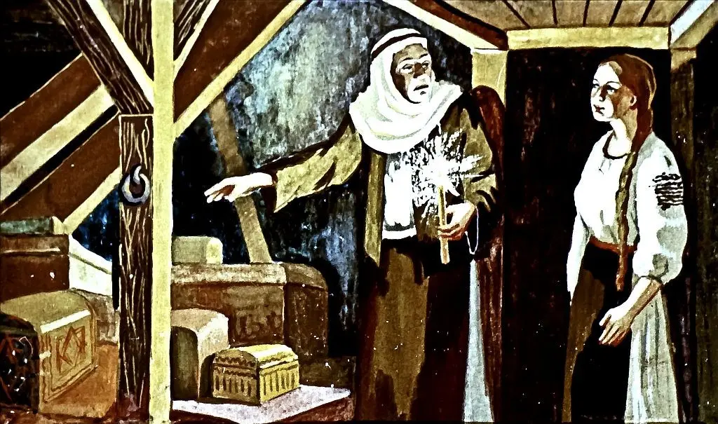 Ilustrație a unei scene în care o femeie și un bărbat interacționează într-un pod, cu mobila vizibilă în jur.