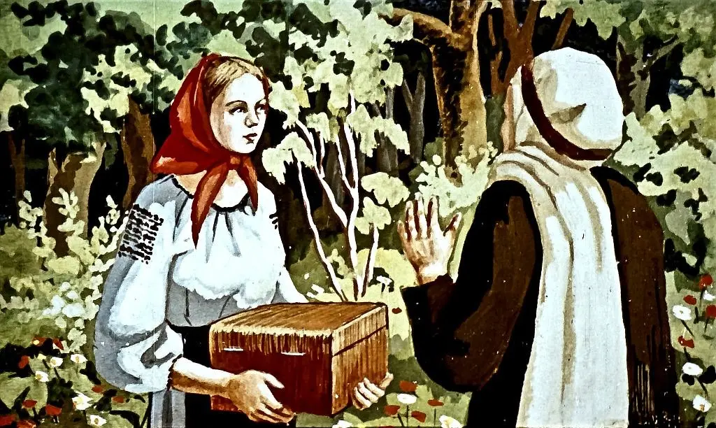 O scenă care ilustrează o tânără care alege o ladă veche și urâtă, spunându-i la revedere unei alte personaje, într-un peisaj de pădure.