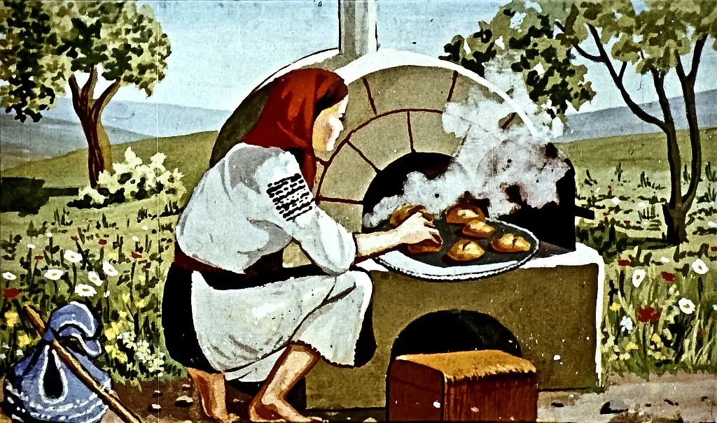 O femeie îngrijind un cuptor, pregătind plăcinte calde într-un peisaj rural.