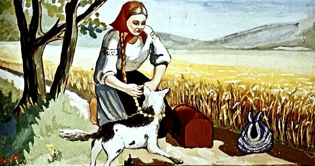 O femeie stând în fața unui câine în mijlocul unui peisaj de câmpie, cu o scenă pastorală în fundal.