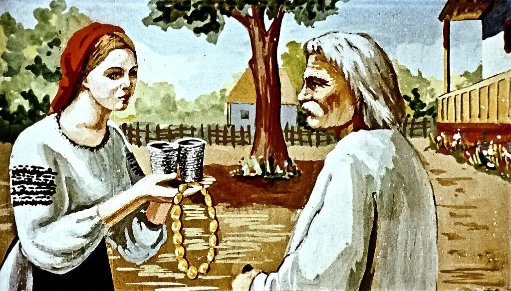 Ilustrație cu o femeie oferind un set de pahare și o salbă unui bărbat, într-un cadru rural.
