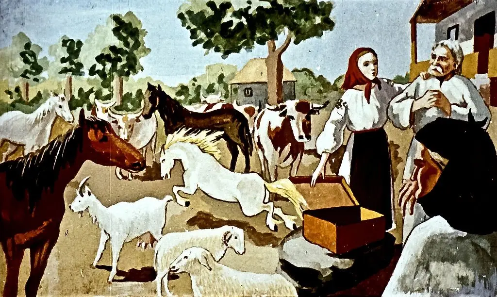 O scenă pastorală cu animale de fermă, inclusiv cai, vite și oi, și o discuție între personaje.