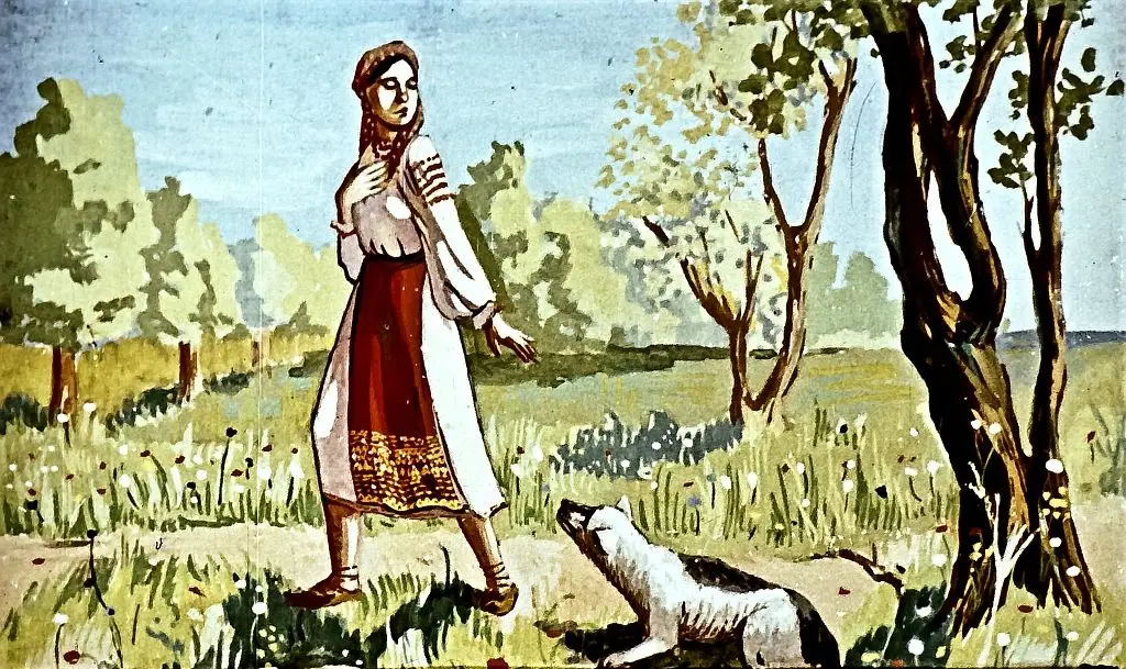 Ilustrație cu o femeie îmbrăcată în costumație tradițională, plimbându-se pe un drum de țară, înconjurată de natură, alături de un câine.