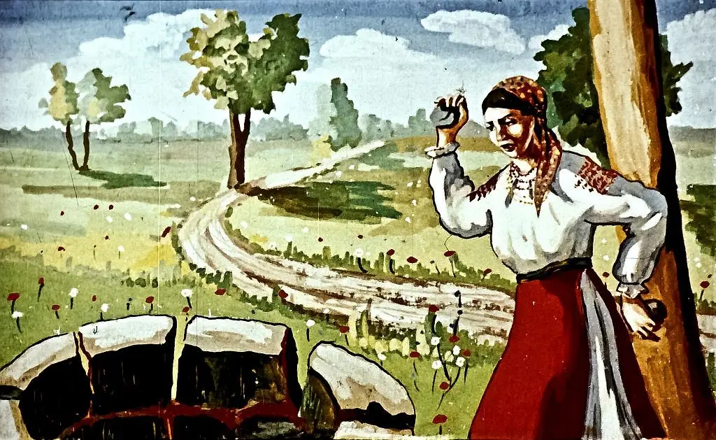 O scenă pictată cu o femeie lângă o fântână părăsită, aruncând pietre, într-un peisaj rural.