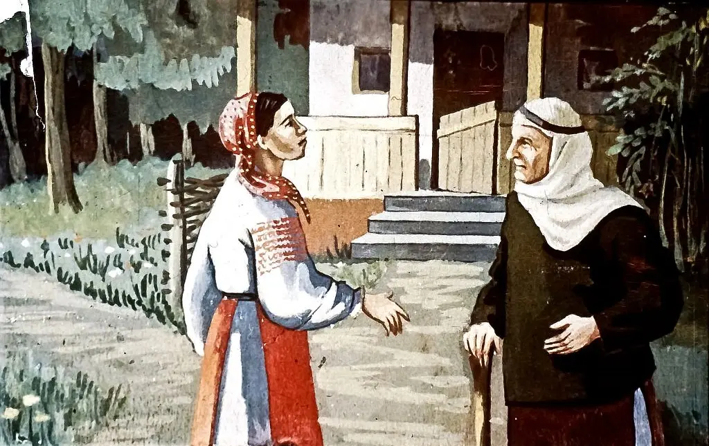 Imagini cu două personaje, unul în vestimentație tradițională și altul în haine simple, discutând într-un cadru natural.