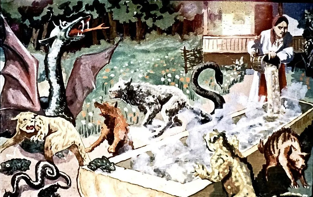 Ilustrație care prezintă o scenă dintr-o poveste, cu un dragon, animale și o persoană care gătește.