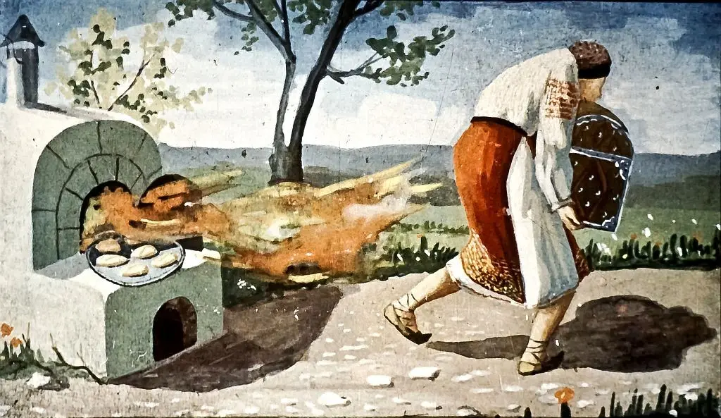 O scenă tradițională cu o persoană care se îndreaptă spre un cuptor, cu plăcinte, într-un peisaj rural.