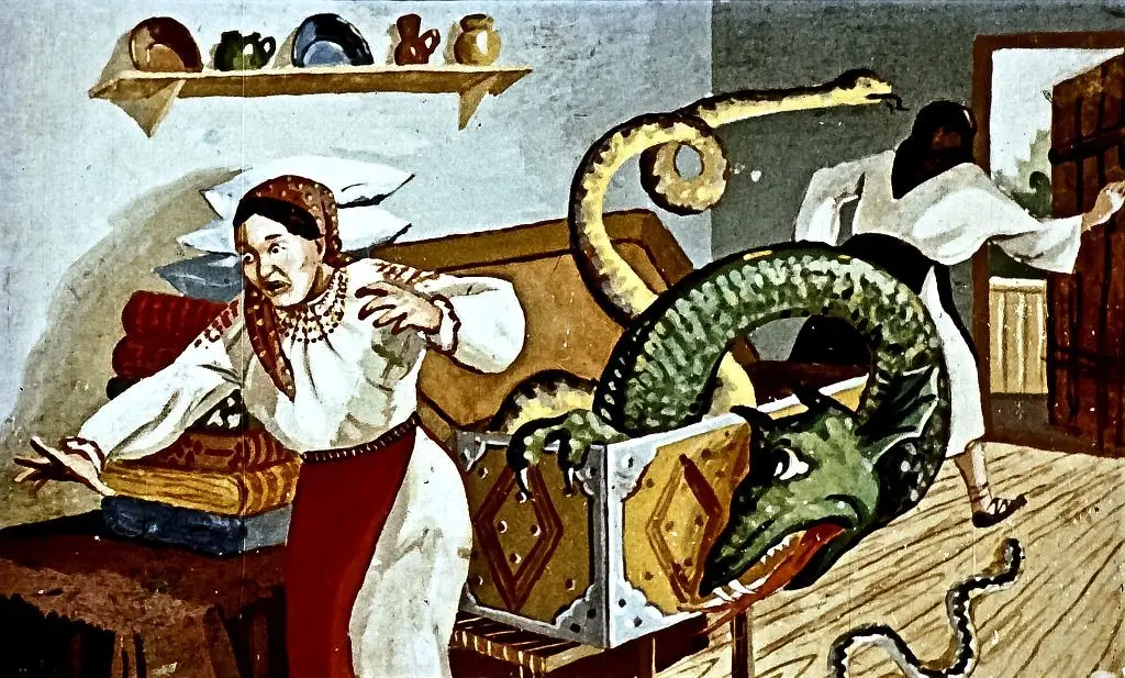 O ilustrație cu o femeie speriată și un balaur ieșind dintr-o ladă, într-o cameră aglomerată.