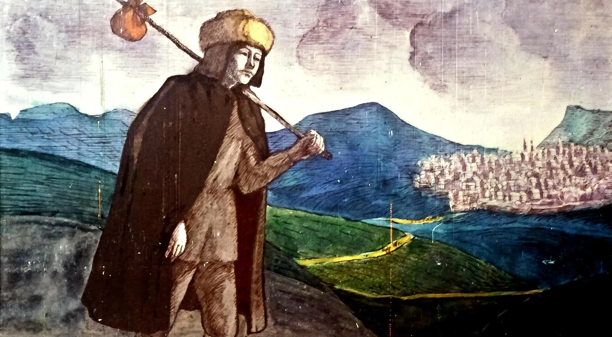 Imagine colorată reprezentând o figură umană cu un rucsac, traversând un peisaj de dealuri și munți, cu un oraș în depărtare.