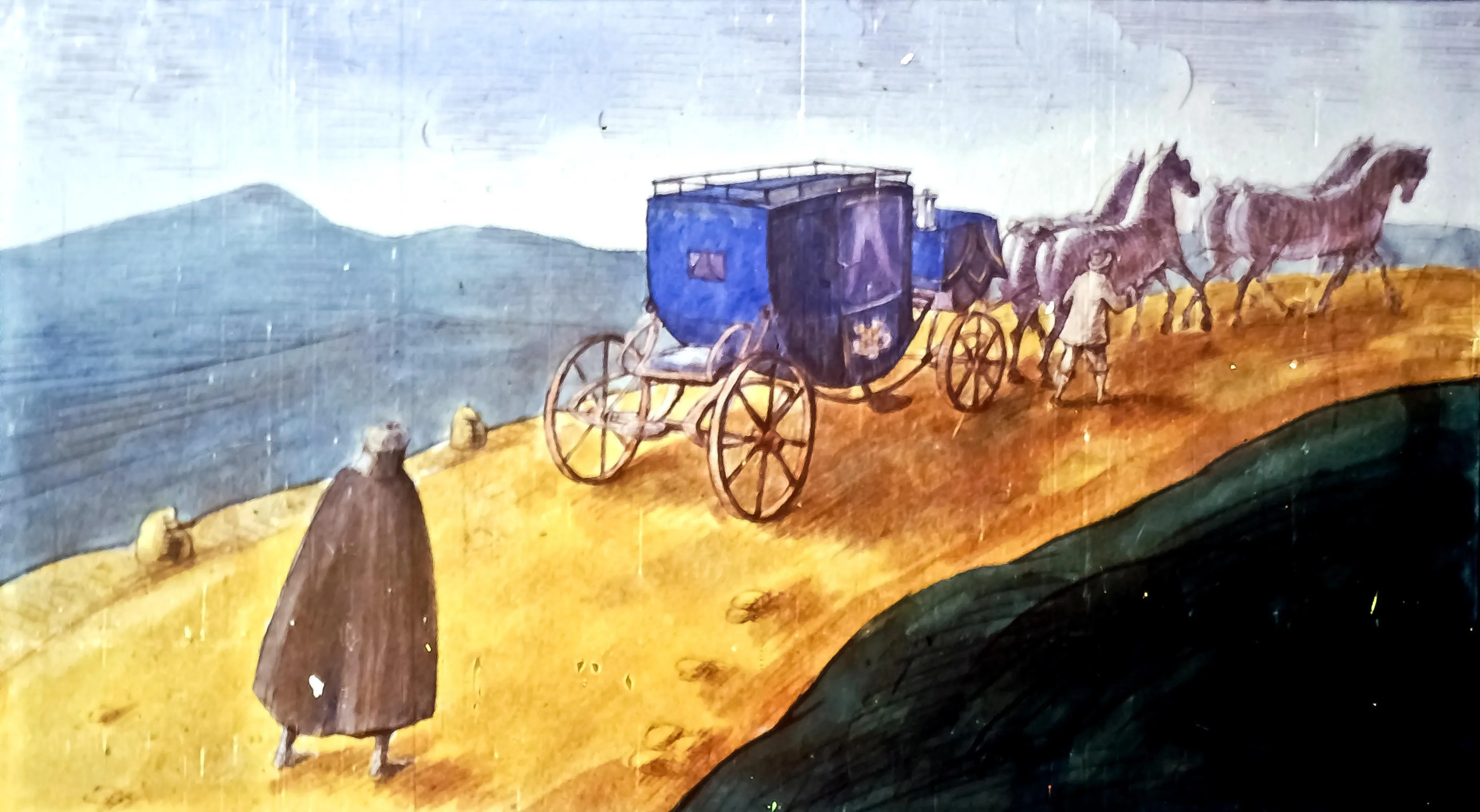 Imagine care ilustrează o scenă de peisaj cu un bărbat îmbrăcat într-o mantie și o trăsură trasă de cai, pe un drum de țară.