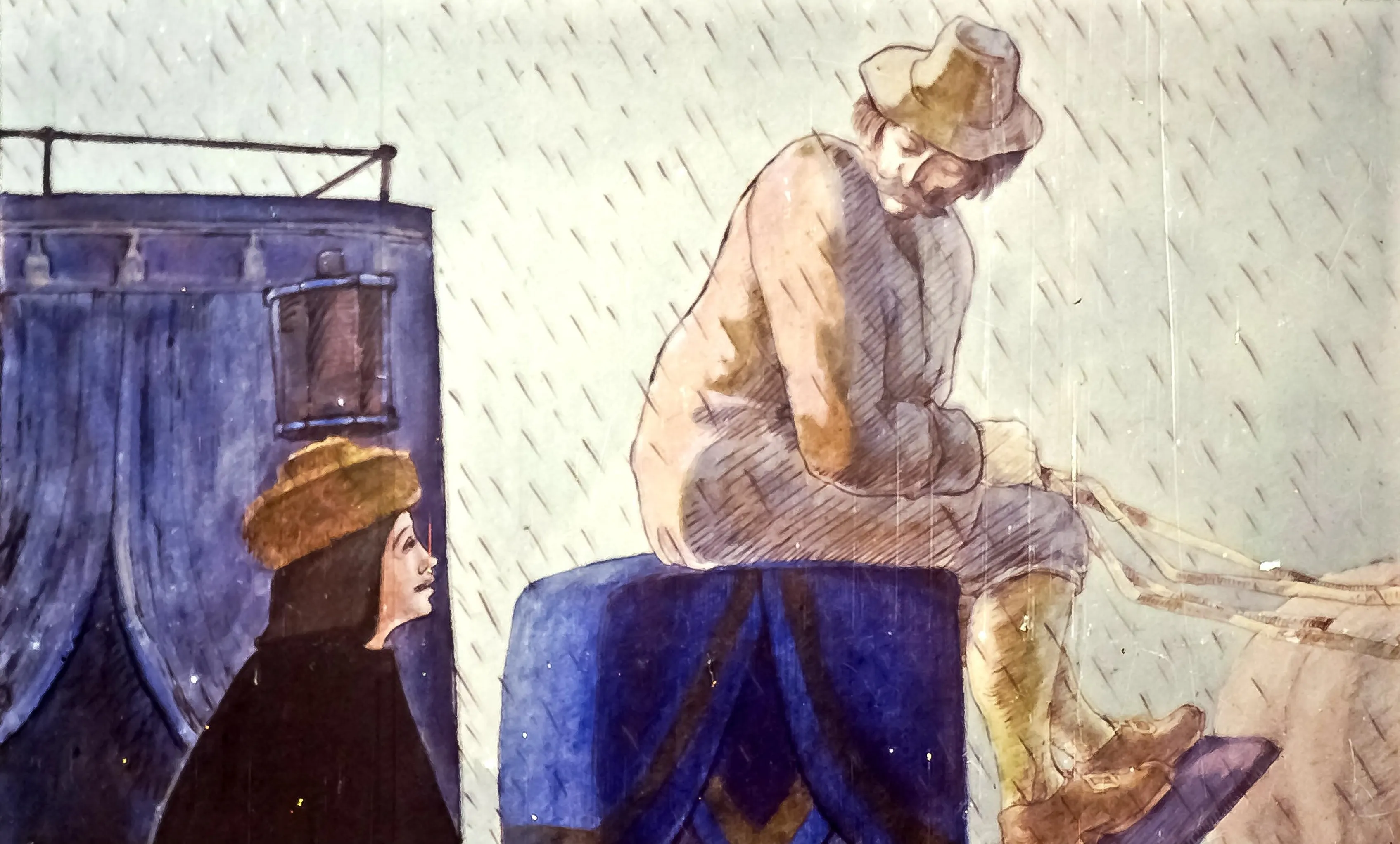 Ilustrație cu două personaje, unul stând pe un scaun și altul vorbind cu el, în fundal plouă.