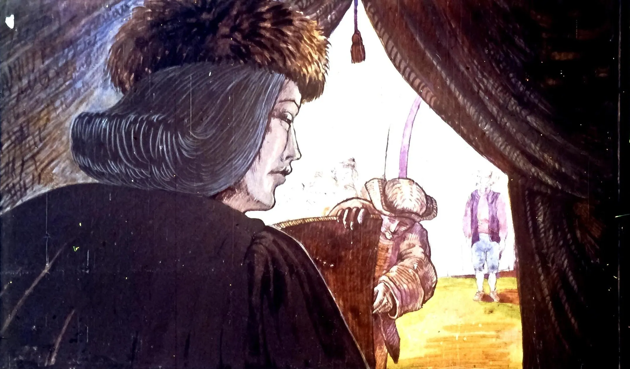 Imagină ilustrativă a unei persoane cu o blană pe umeri, privind către o scenă cu două figuri, una dintre ele purtând o pălărie.