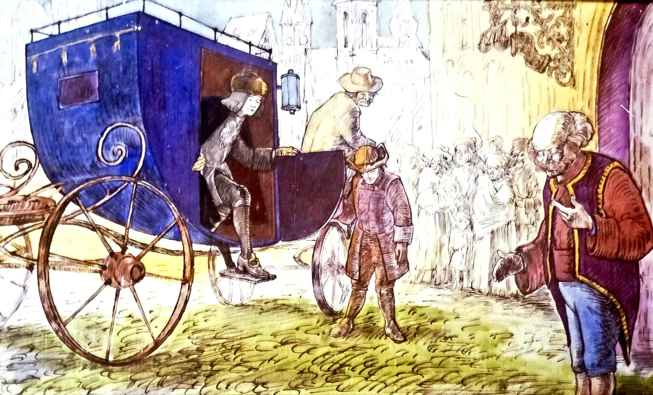 Imagine ilustrativă cu o scenă din istorie, în care o căruță este deschisă, iar mai mulți oameni interacționează în jur.