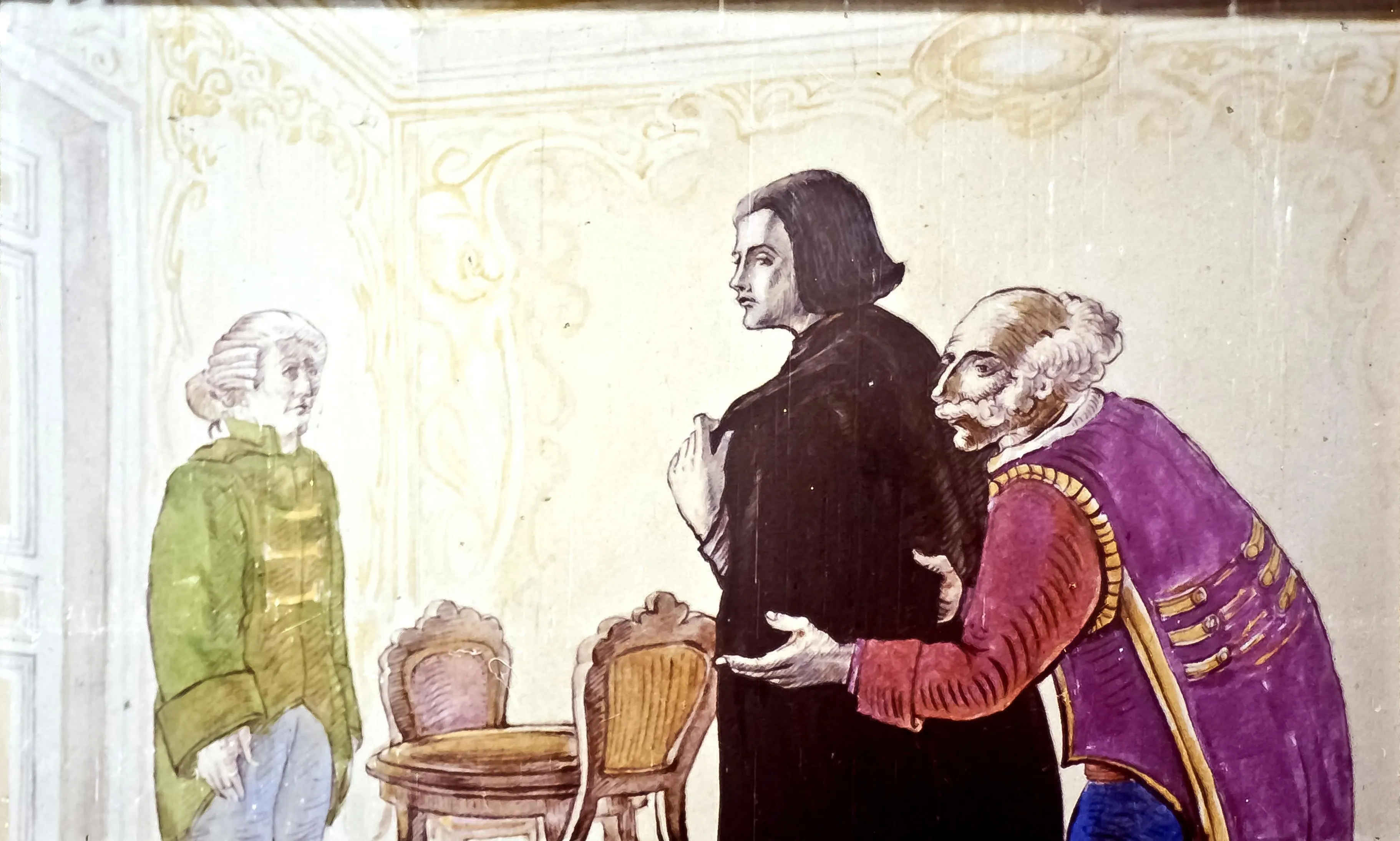 Ilustrație în care apar trei personaje într-o încăpere: două dintre ele discută în timp ce unul stă deoparte, lângă o masă cu scaune.