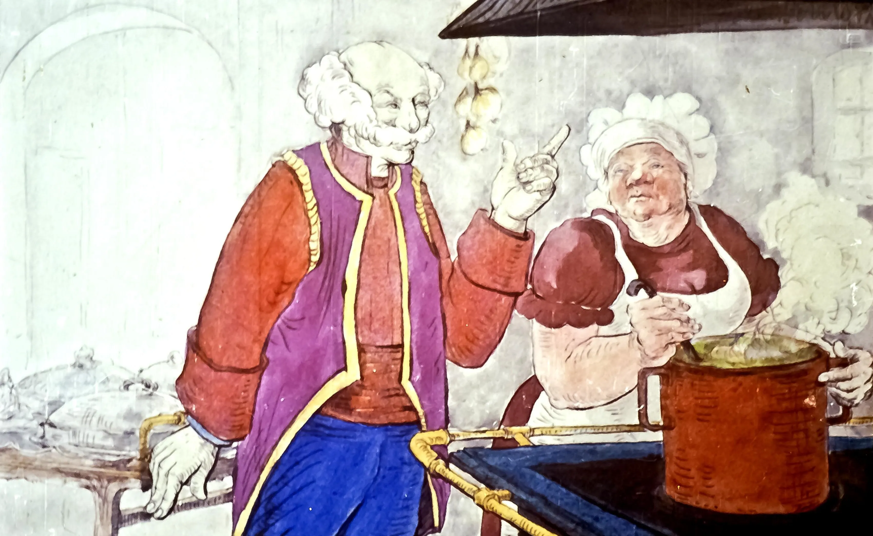 Ilustrație cu un bărbat în costume tradiționale și o femeie îmbrăcată în uniformă de bucătarie, interacționând în bucătărie, cu aburi emanând dintr-o oală.