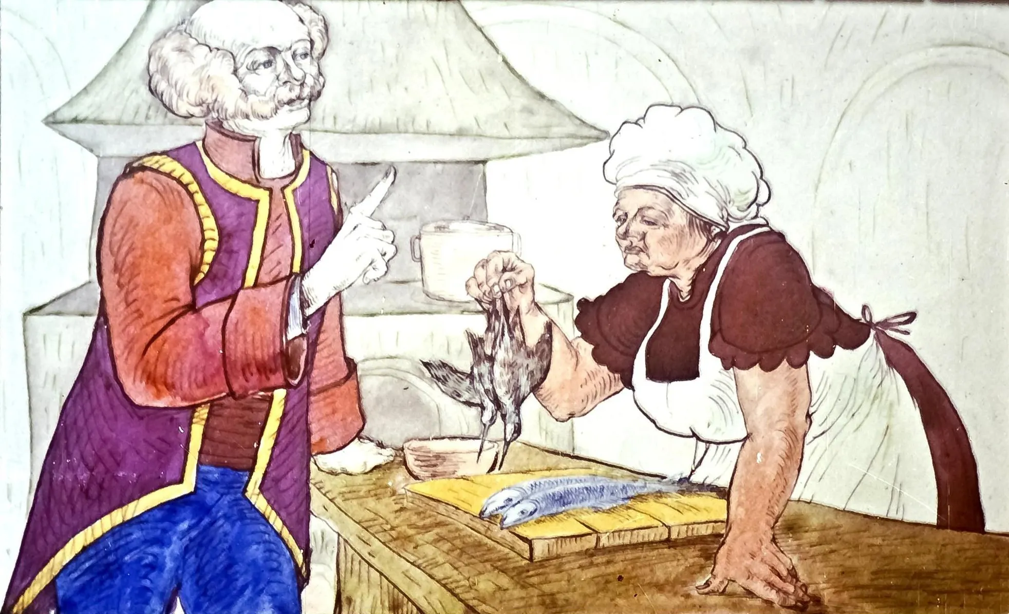 Ilustrație cu un bărbat și o femeie într-o bucătărie, bărbatul îmbrăcat elegant gesticulând, iar femeia pregătind pește.