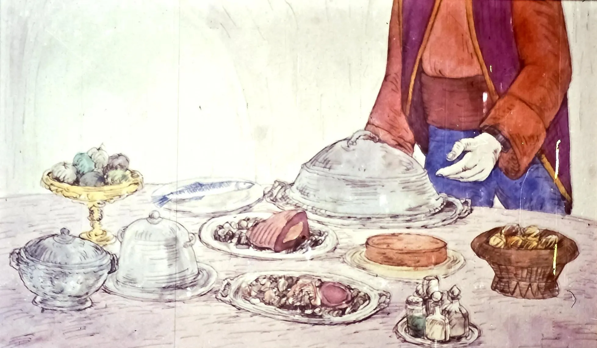 O masă cu diverse preparate culinare, incluzând platouri acoperite și un bol cu fructe, ilustrată artistic.