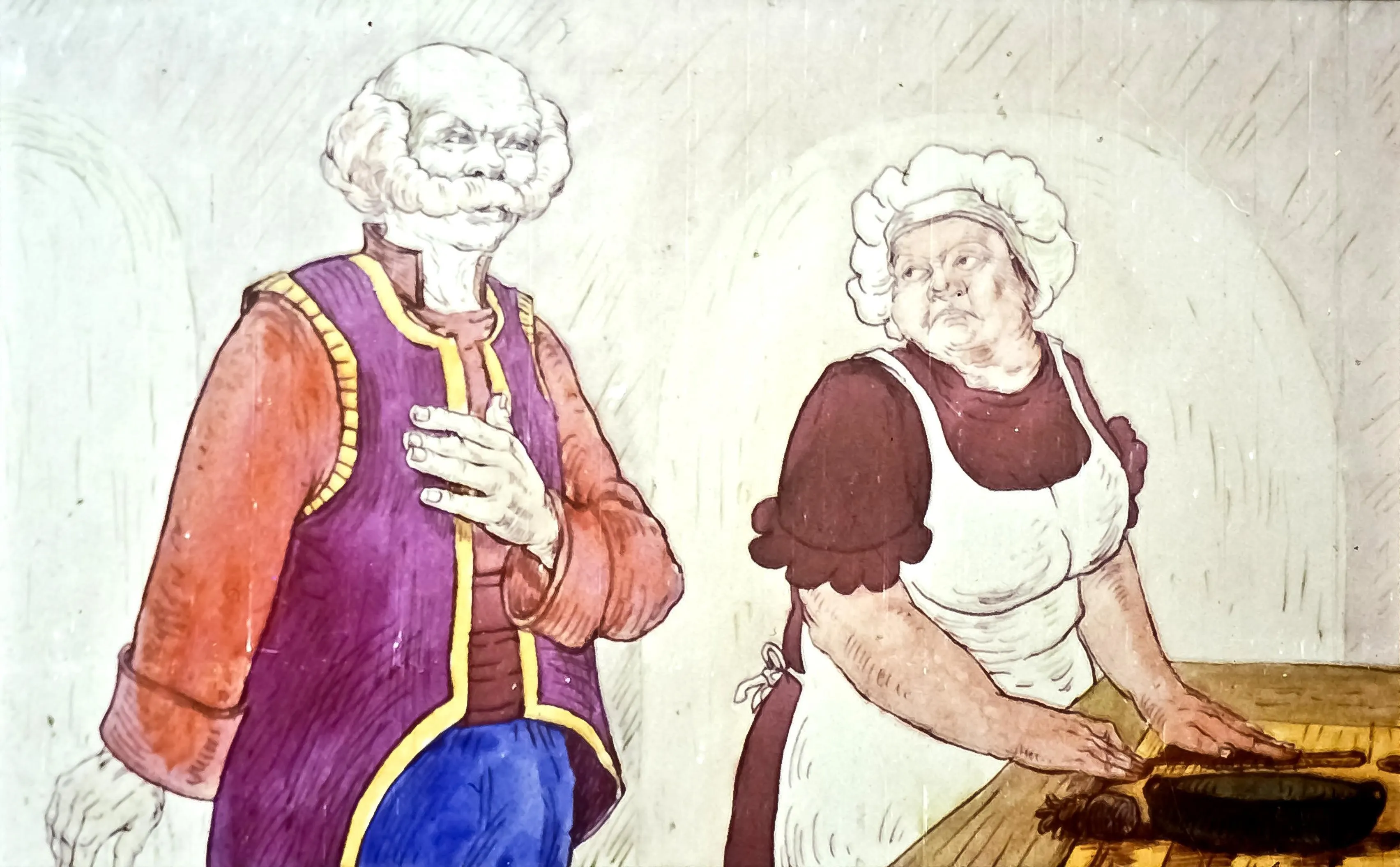 O ilustrație care prezintă un bărbat și o femeie în bucătărie, bărbatul poartă o vestă colorată și se află în fața femeii care lucrează la o masă.