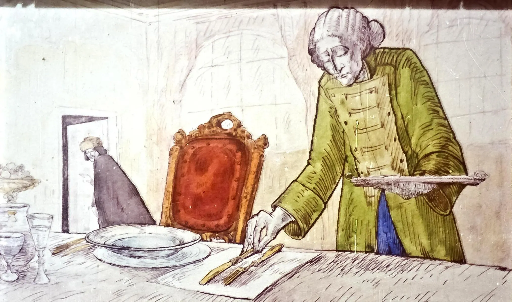 O scenă în care o persoană îmbrăcată într-o haină verde pregătește o farfurie pe o masă, cu un scaun roșu în fundal și o altă persoană observând dintr-o ușă.