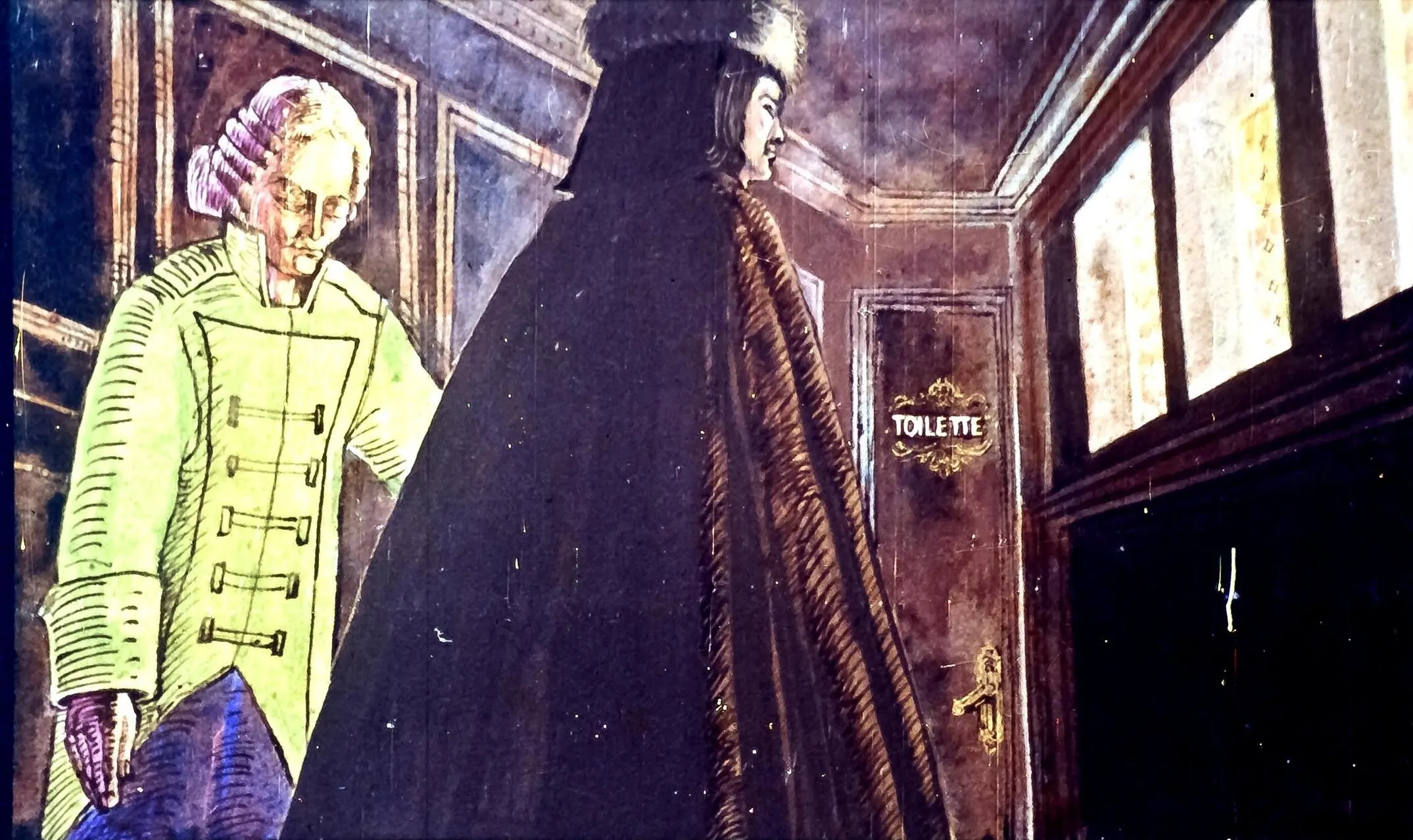 Ilustrare artistică cu două personaje și o ușă etichetată cu cuvântul 'TOILETTE'.