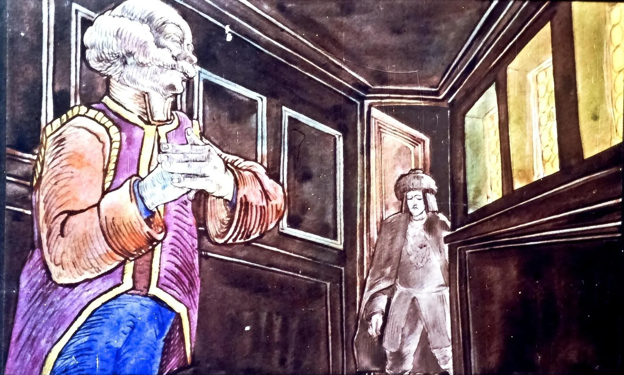 O ilustrație reprezentând doi bărbați, unul îmbrăcat elegant cu un costum viu colorat, stând într-o cameră cu pereți întunecați și feronerie de culoare deschisă, celălalt bărbat intrând în cameră purtând o pălărie.