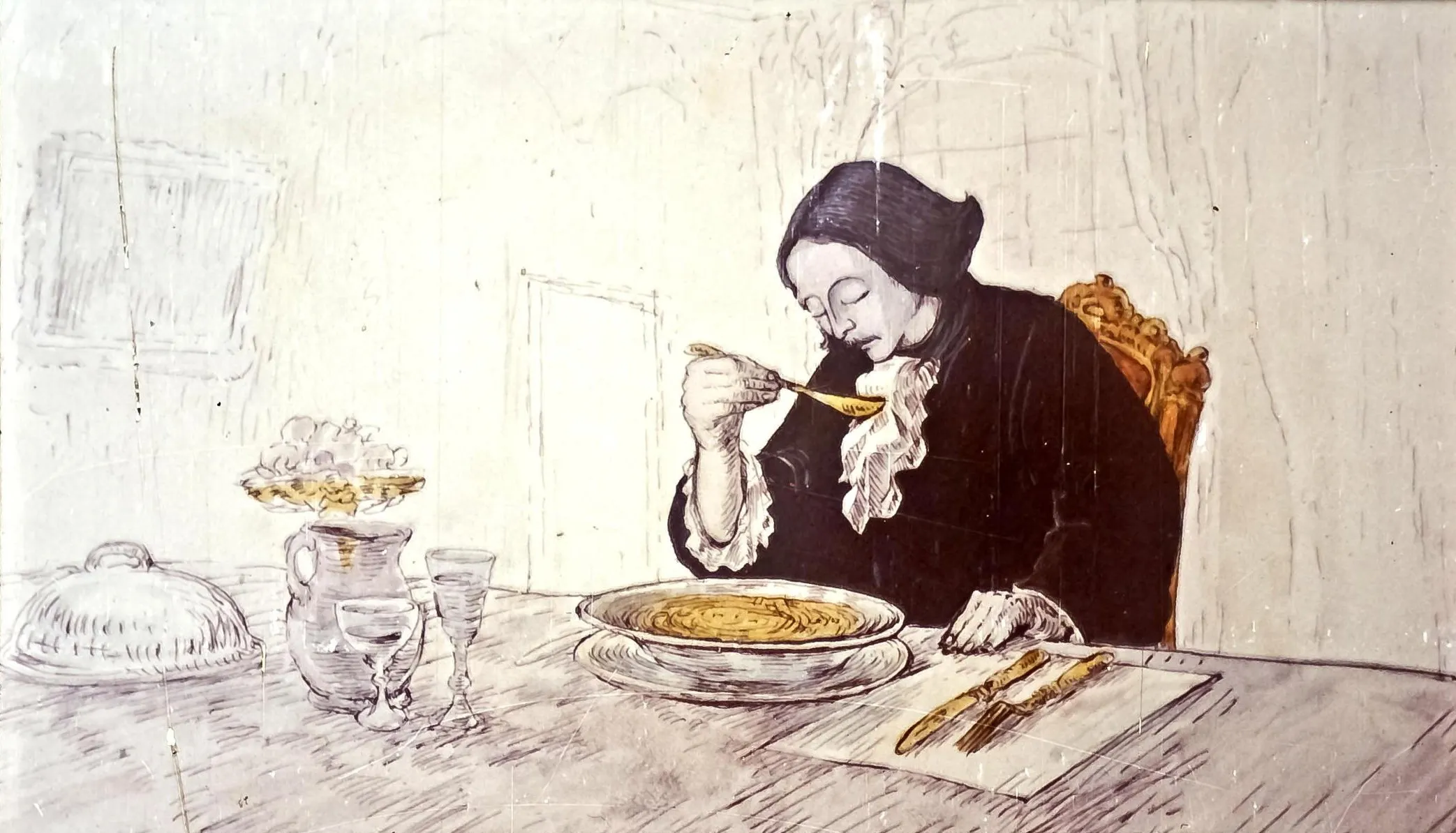 O femeie îmbrăcată în negru, purtând o bonetă, mănâncă dintr-un bol de supă la o masă, cu tacâmuri și un pahar de apă aproape.